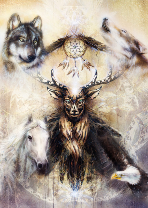 sacred ornamental deer spirit with dream catcher symbol and animals. sacred ornamental deer spirit with dream catcher symbol and animals